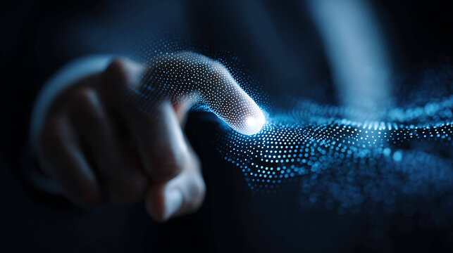 Businessman interacting with futuristic virtual data screen in blue tones
