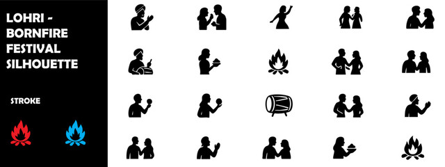 Lohri Bonfire Festival Silhouette Icon Set – Punjabi Celebration, Dance & Harvest Vector