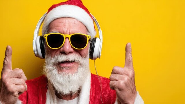 black santa with headphones and sunglasses throws rock hand signs, sticks out tongue, wearing red sequin jacket and white beard against vibrant yellow studio