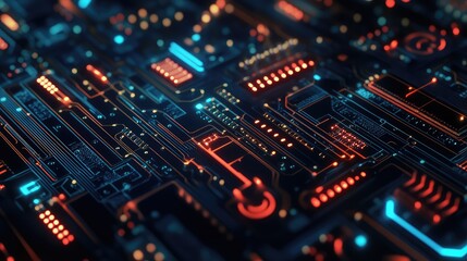 Circuit board illustrating data flow, digital communication, and future technology
