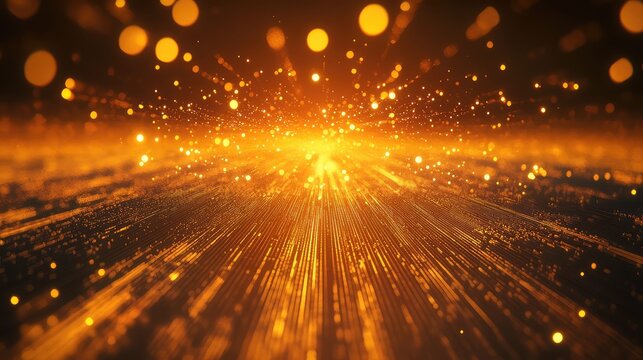 Golden light particles streaming digital data background