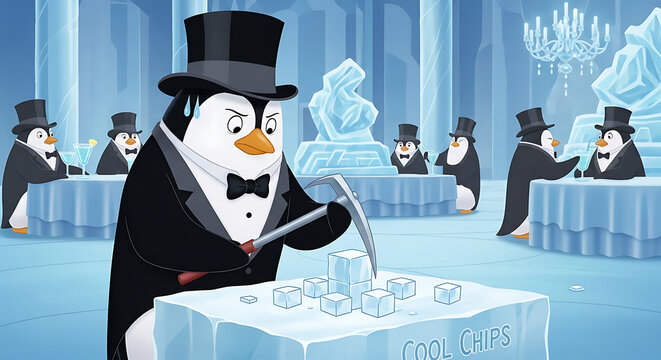 Tuxedo penguin works hard serving cool ice chips
