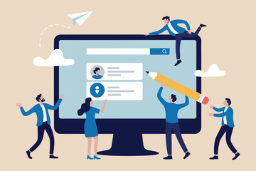 Fototapeta premium Team Editing Online Profile on Large Computer Screen. Business People Managing Digital Search and User Information.