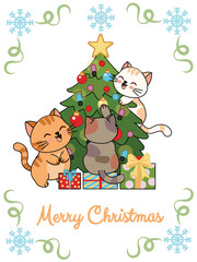 Cute kittens with a Christmas tree, Christmas spirit for cards and banners. Vector illustration.
