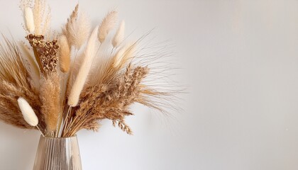 Dry Flowers Bouquet Close Up In A Vase Composition Banner On White Background Template Copy Space Neutral Colors Boho Style Decor Aesthetic Poster