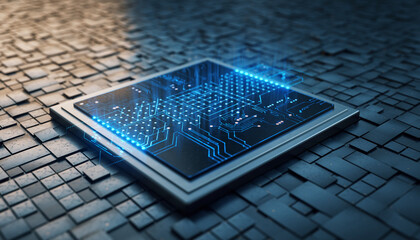 “Futuristic Microchip with Glowing Circuit Lines on Digital Surface”
