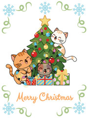 Cute kittens with a Christmas tree, Christmas spirit for cards and banners. Vector illustration.