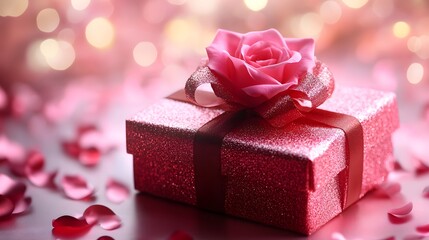 Beautiful pink gift box with a rose decoration and scattered petals on a soft background for romantic occasions