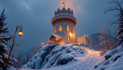 Stone watchtower glows on a frozen icy mountain high resolution photo