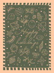 Christmas greeting card. Set of hand-drawn winter doodle elements and lettering.