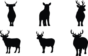 Six black silhouettes of deer and sheep on a white background animal wildlife