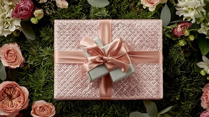 Delicate pink composition showing congratulatory gift surrounded by fresh blooms