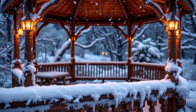 Wooden park gazebo covered in snow at dusk high resolution photo