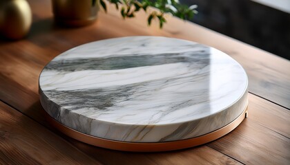 Round Marble Design Cake Stand Or Serving Platter On Wooden Table