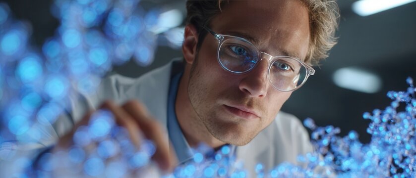 Scientist examines molecular structures on transparent AR screen in modern lab environment showcasing advanced research methods and technology