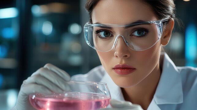 Researcher monitors chemical reaction in petri dish while working in a laboratory filled with modern equipment at night