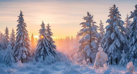 3d icon of snow covered fir trees in winter forest at sunrise with sun shining through the trees in finland
