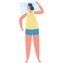 Woman in yellow top and blue shorts sleeping on a light blue pillow with white background and transparent background.