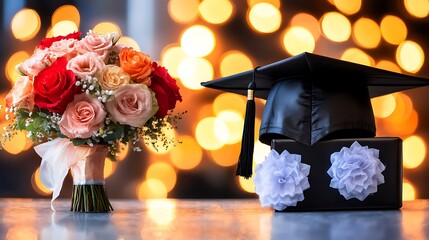Luxury warm-toned concept showing bouquet and academic hat surrounded by glowing highlights