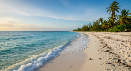 3d icon of idyllic tropical beach with white sand, turquoise water, and palm trees under a clear blue sky in zanzibar
