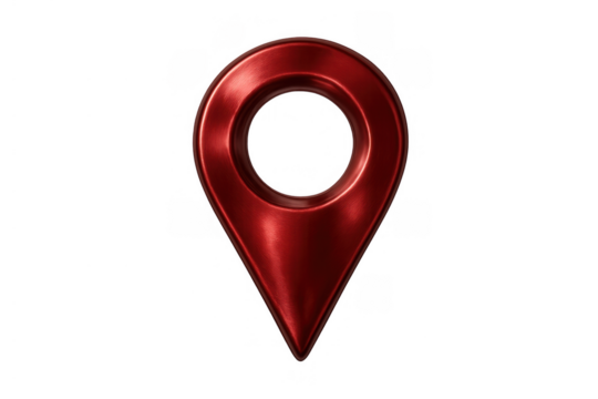 Red metallic 3d location pin icon representing destination, navigation, and global positioning system on a transparent background