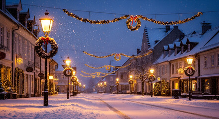 3d icon of a charming street is decorated with christmas lights and wreaths, covered in snow during the winter season