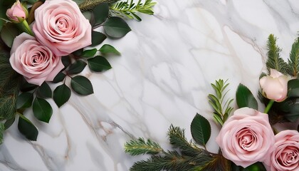Pink Roses And Greenery On A Marble Background