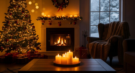 3d icon of cozy living room with a fireplace, christmas tree, and candles creating a warm and inviting atmosphere