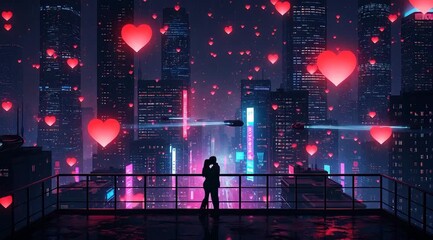 Romantic couple on a rooftop observing a neon cityscape full of floating hearts - Powered by Adobe
