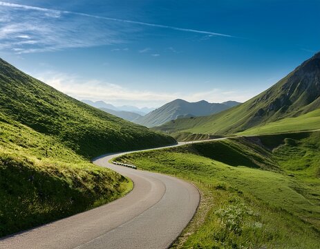 scenic country road winding through lush green mountains in summer with copy space image