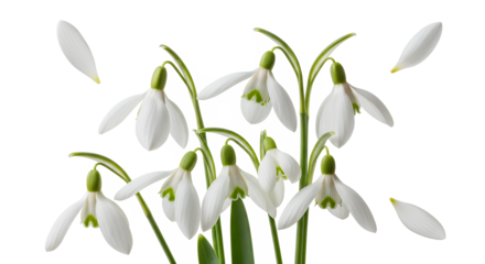 Delicate white snowdrop flowers blooming, gracefully heralding early spring. Falling petals symbolize purity, freshness, and new beginnings, isolated on a bright background