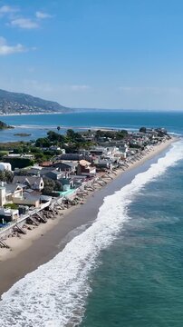 Malibu At Los Angeles California United States. Aerial View Of Stunning Beach With Crystal Clear Waters. Deserted Skyline Peaceful Beauty. Peaceful Watercolor Shore. Los Angeles California.