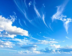 Clear blue sky filled with wispy cirrus and puffy cumulus clouds