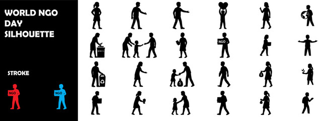 World NGO Day Silhouette Icon Set &ndash; Charity, Social Service, Volunteer & Awareness Icons