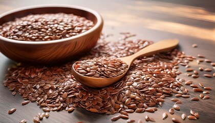 Healthy Cereals Flax Seeds In A Spoon And A Wooden Plate Are Scattered On The Table