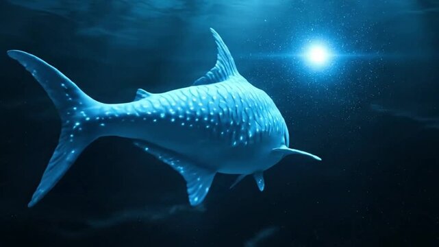 A majestic whale shark swims gracefully in the deep ocean, illuminated by a bright light.