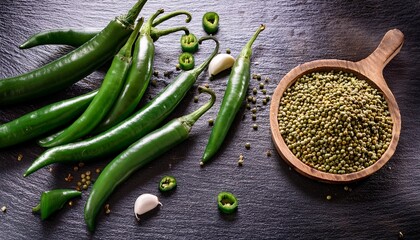 Fresh Green Chilies And Seeds