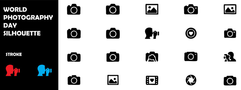 World Photography Day Silhouette Icon Set – Camera, Photographer & Creative Art Vector