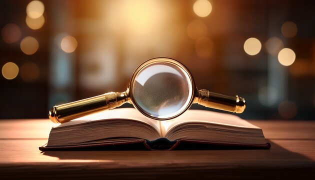 closeup magnifying glass on the opened book on the desk copy space image place for adding text - Powered by Adobe