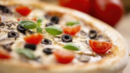 hunger. A close-up of a gourmet pizza highlights melted cheese and fresh toppings at an angle. representing modern convenience.