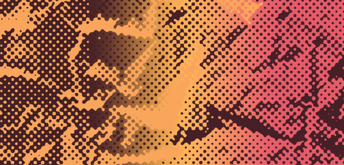 Vector illustration features a vibrant pop art style with halftone dots, abstract organic shapes, and a warm color palette of orange, brown, and red. The theme is retro, energetic, and dynamic.
