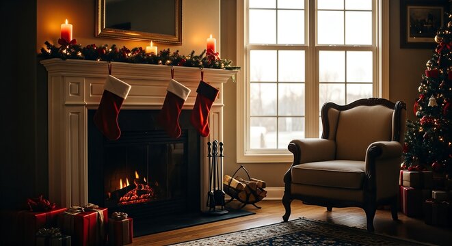 Warm festive living room with fireplace, stockings, tree, and armchair.
