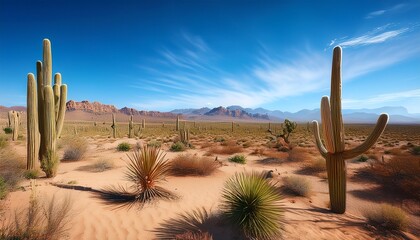 Illustration Of A Desert Landscape With Towering Cacti Expansive Sandy Terrain And Distant Mountains Under A Clear Blue Sky A Serene Depiction Of Arid Beauty And Tranquility