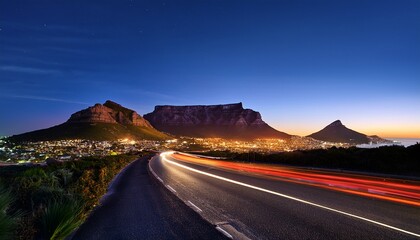 nighttime view of table mountain with illuminated car trail in foreground creating a mesmerizing copy space image