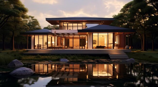 Serene architectural masterpiece reflected in tranquil water surrounded by lush greenery with soft