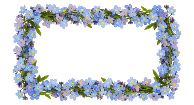 A rectangular frame made of delicate blue forget-me-not flowers with green leaves on a white background, perfect for invitations or borders