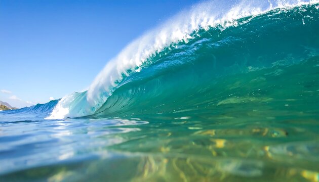 Close-up of a breaking ocean wave, its crest curling over. Crystal clear water and the blue sky are visible