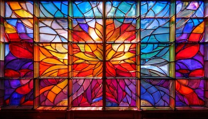 a vibrant stained glass window featuring a rich mosaic of colors including reds oranges blues and purples creating a warm and inviting atmosphere