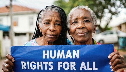 Two elderly women hold a banner that says 'Human Rights for All' in a neighborhood setting.