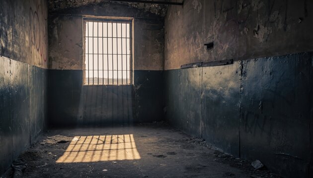 Sunlight streams through the barred window of an empty, derelict prison cell.